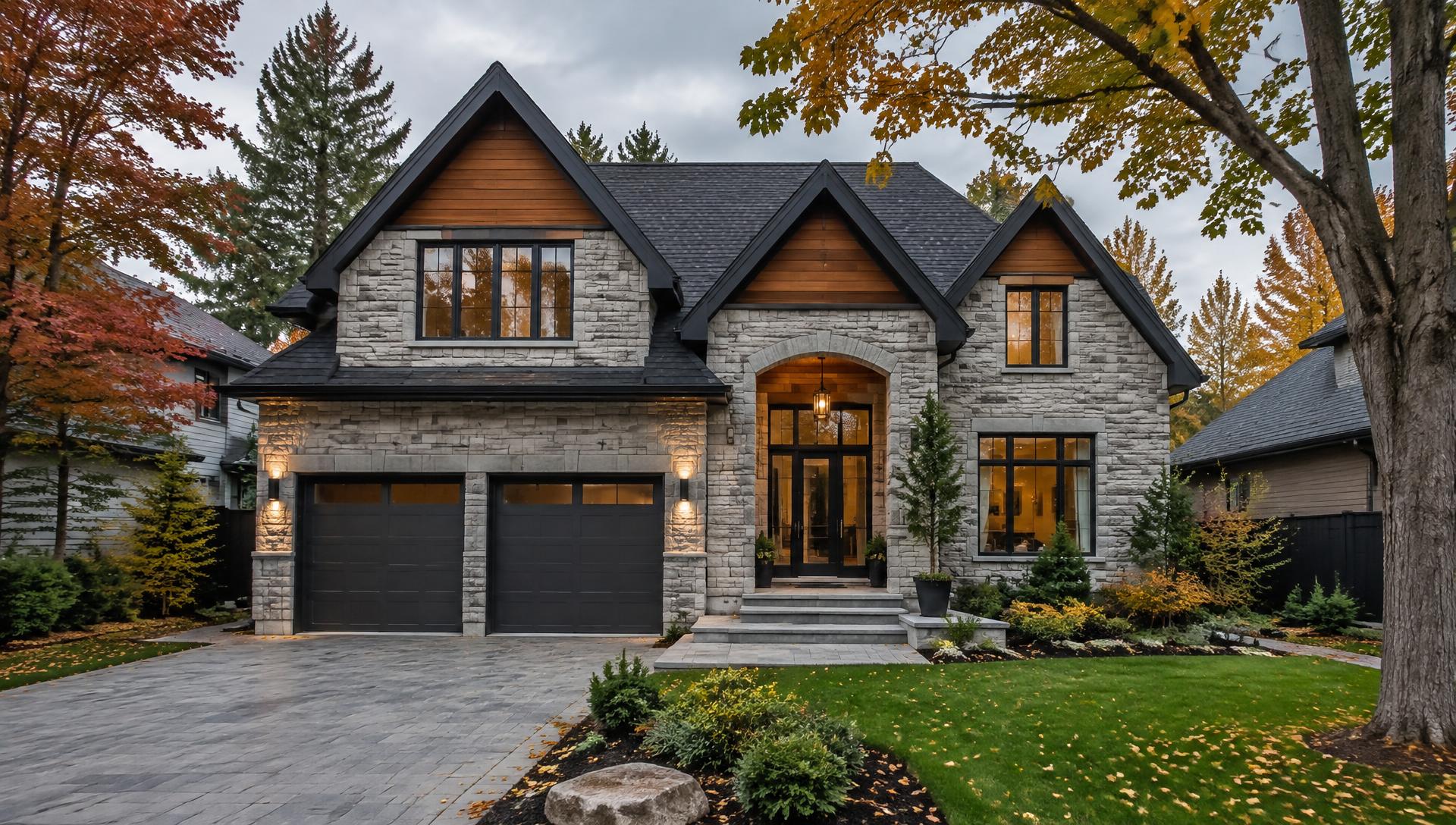 Canadian home with a dark architectural shingle roof, stone and cedar facade