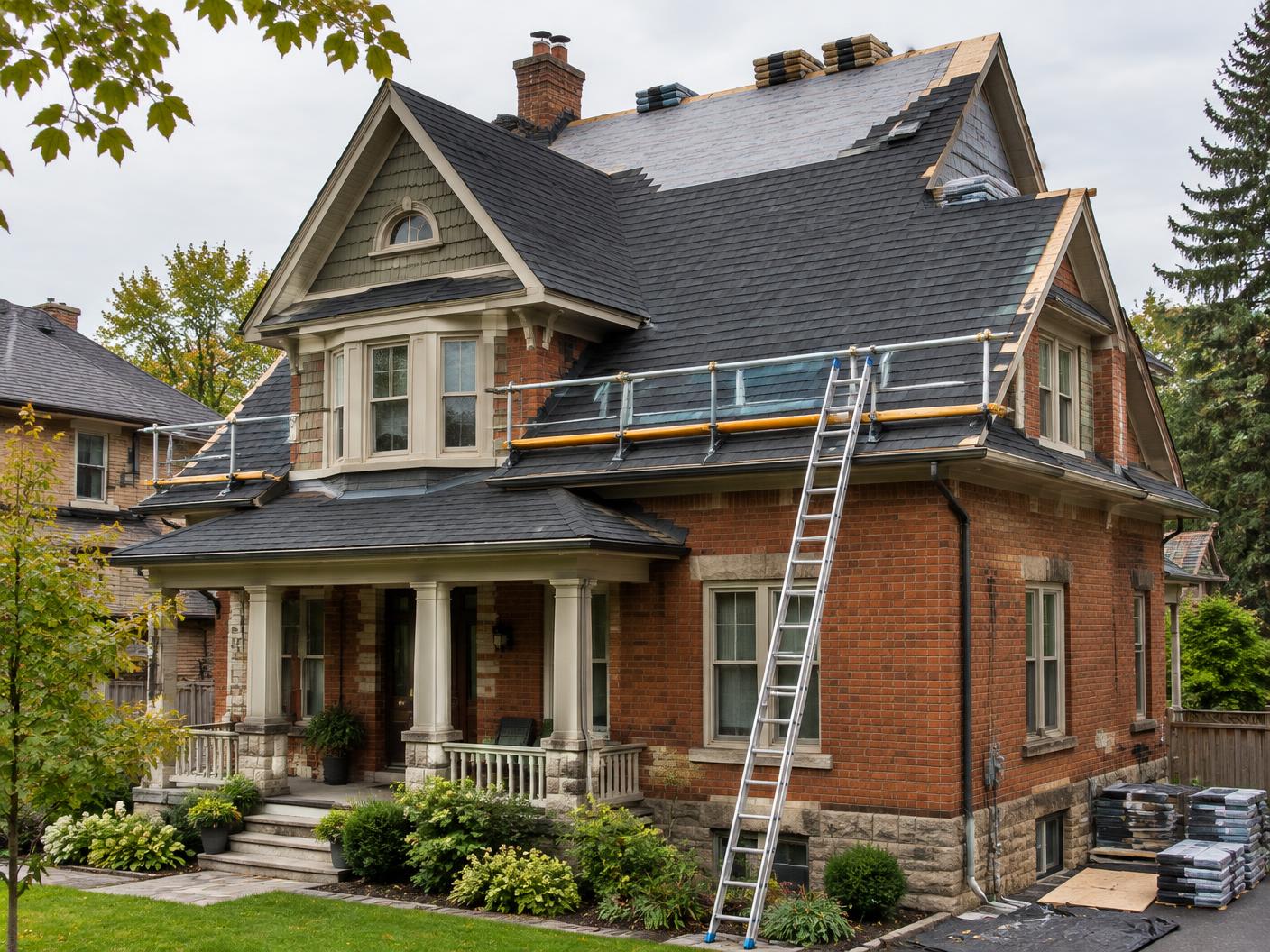 Canadian home during a roof renovation with new dark shingles partly installed