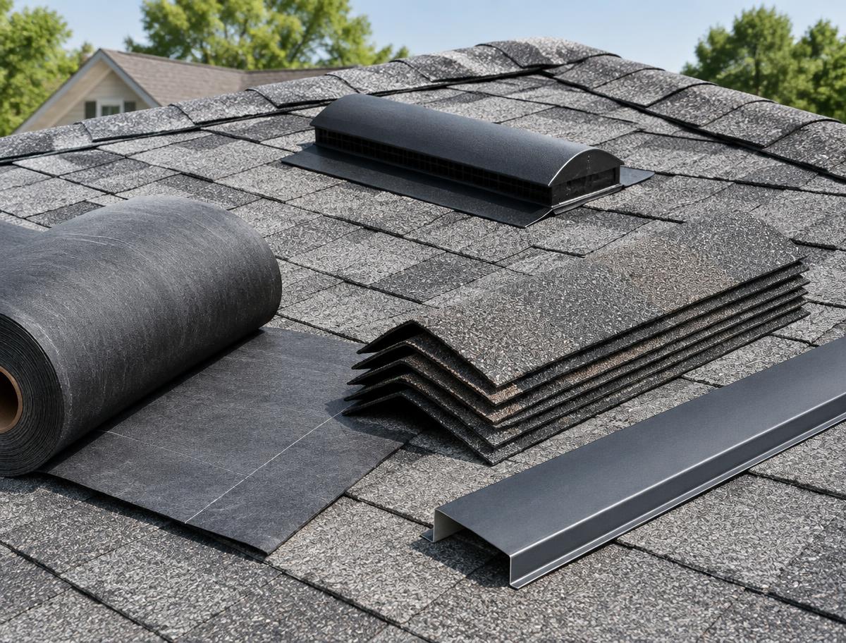 Ridge cap shingles, underlayment roll, drip edge and roof vent arranged on a shingle roof