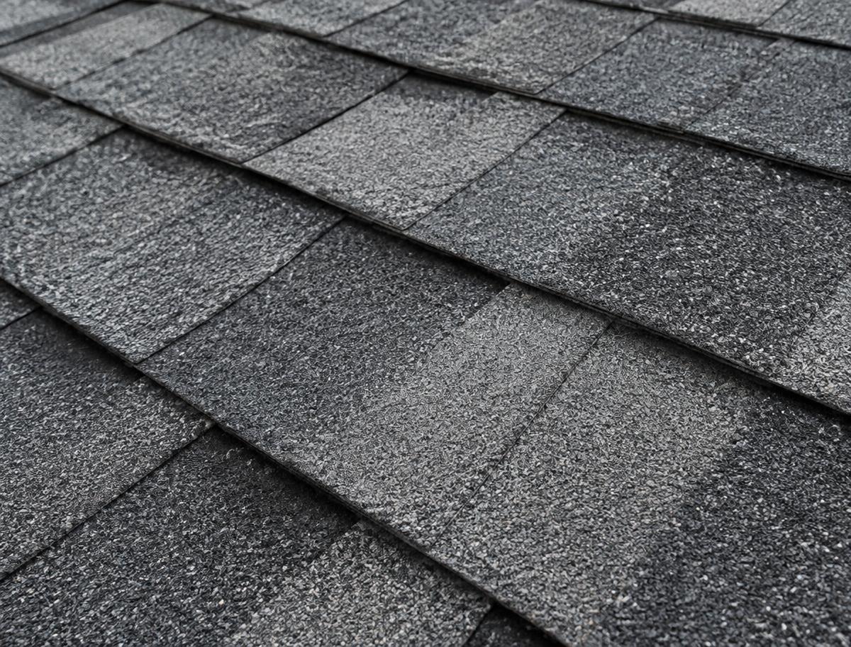 Close-up of layered dimensional architectural asphalt roofing shingles